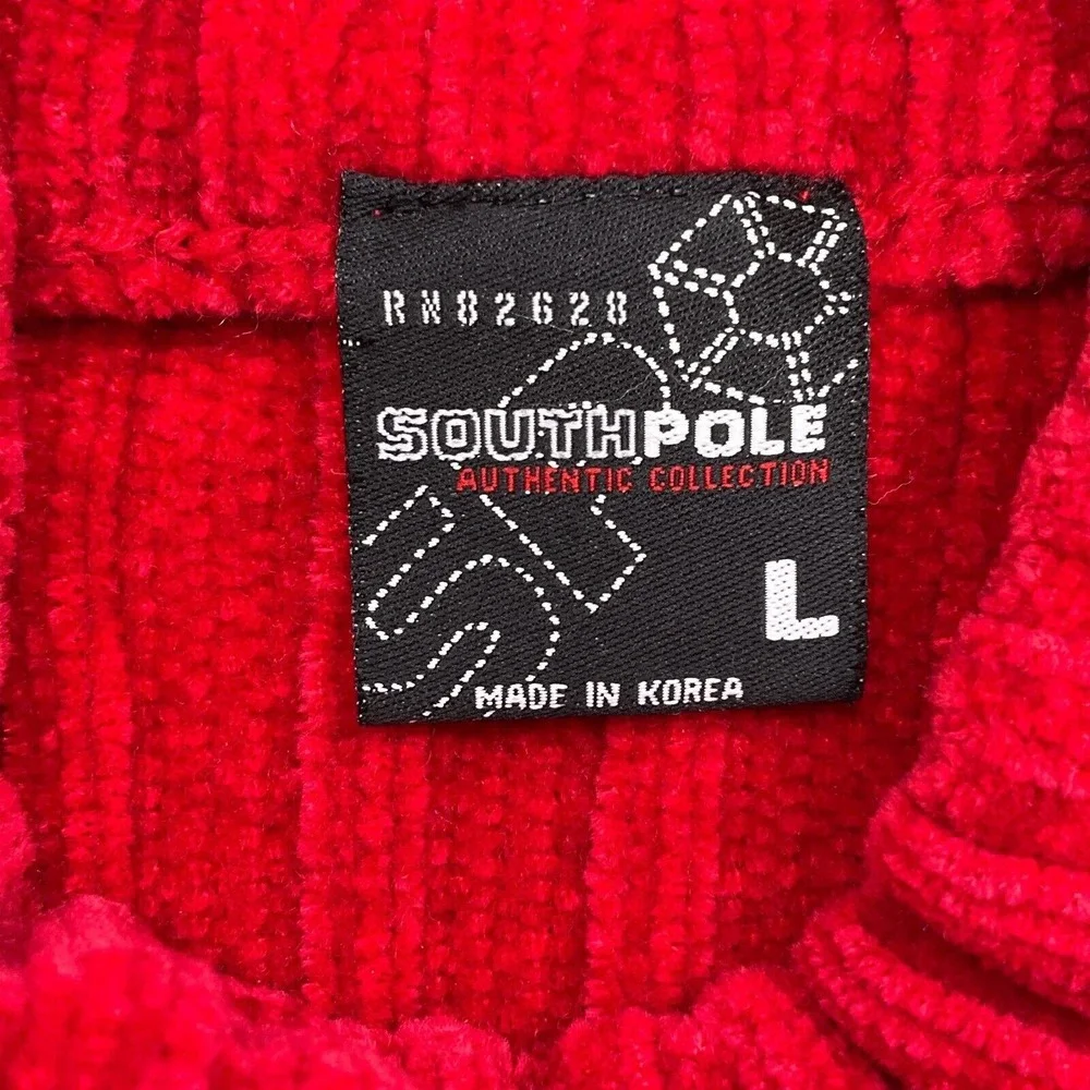 Southpole Sweater Men Large Red Gray White Stripe Chenille Pullover Buckeye‎